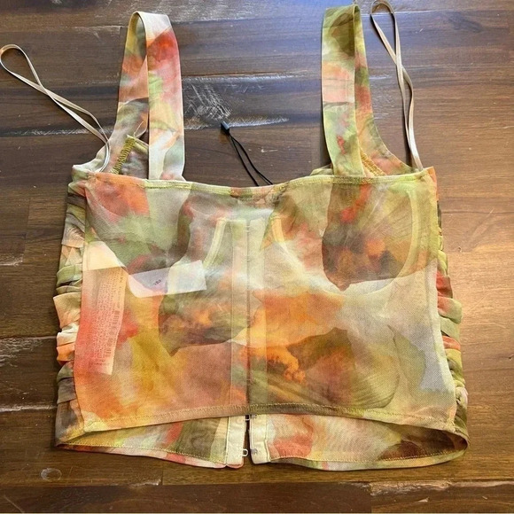 Zara Tulle Corset Top Printed Crop Sheer Underwire Green Orange Small - Picture 6 of 9